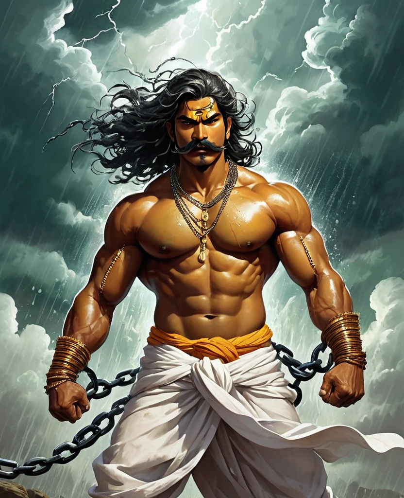 A striking, visually captivating illustration of a powerful Maratha (shouting:1.5) power up pose, power stance, as green is prisionner warrior standing tall amidst dark clouds and heavy rain. His muscular, drenched body is adorned with massive long continuous shakles and black chains at his arms, hips, and legs, while his glowing yellow eyes and fierce determination exude strength. With perfect facial features, a long handlebar mustache, and flowing drenched hair, he shouts in anger as he pulls the chains with immense strength. The golden hour's light illuminates him from behind, casting a dramatic rim light on his bulky frame, and the stormy atmosphere intensifies the dark fantasy scene. Clad in a white traditional dhoti-like pants and a torn white robe, the warrior's immense size and the gathering clouds create a mesmerizing visual experience that is both vibrant and cinematic, blending elements of painting, poster, and fashion into a concept, vibrant, poster, fashion, illustration, cinematic, painting, dark fantasy art by greg rutkowski