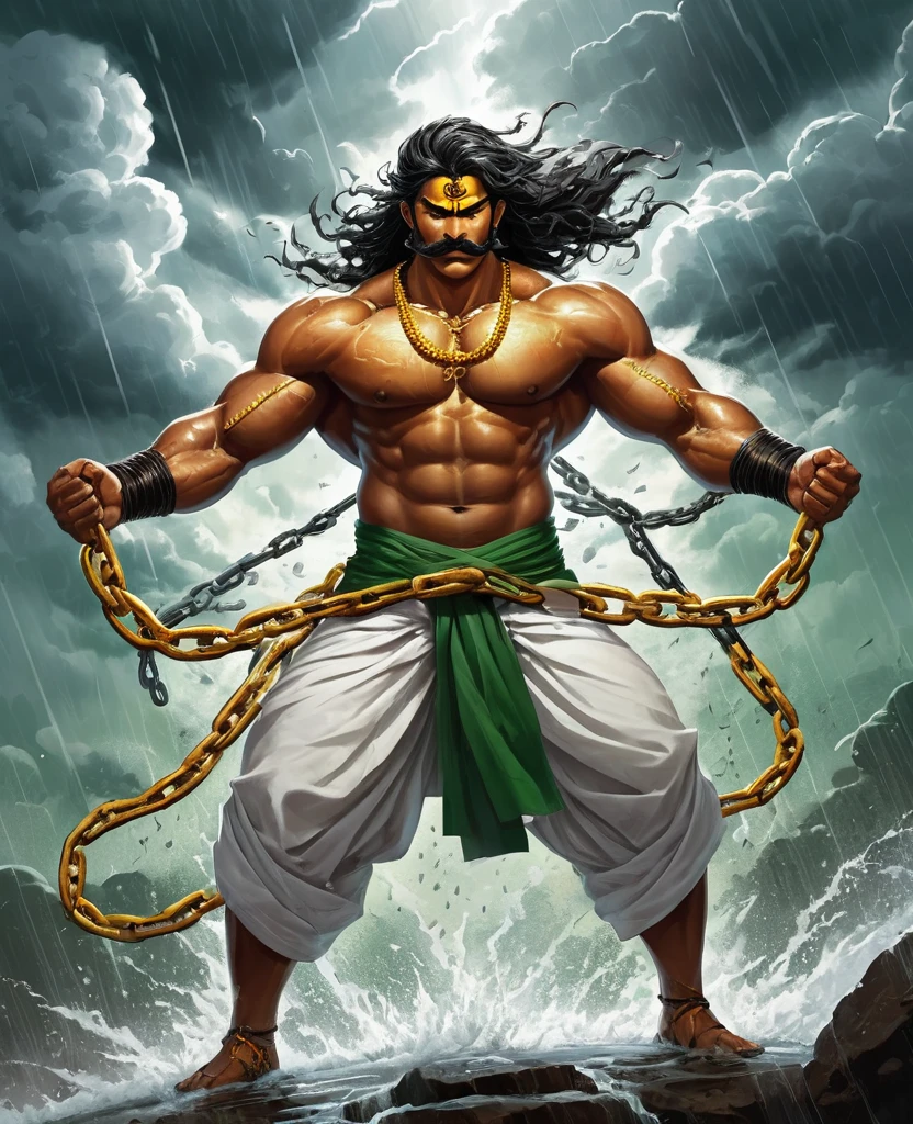 A striking, visually captivating illustration of a powerful Maratha (shouting:1.5) power up pose, power stance, as green is prisionner warrior standing tall amidst dark clouds and heavy rain. His muscular, drenched body is adorned with massive long continuous shakles and black chains at his arms, hips, and legs, while his glowing yellow eyes and fierce determination exude strength. With perfect facial features, a long handlebar mustache, and flowing drenched hair, he shouts in anger as he pulls the chains with immense strength. The golden hour's light illuminates him from behind, casting a dramatic rim light on his bulky frame, and the stormy atmosphere intensifies the dark fantasy scene. Clad in a white traditional dhoti-like pants and a torn white robe, the warrior's immense size and the gathering clouds create a mesmerizing visual experience that is both vibrant and cinematic, blending elements of painting, poster, and fashion into a concept, vibrant, poster, fashion, illustration, cinematic, painting, dark fantasy art by greg rutkowski 