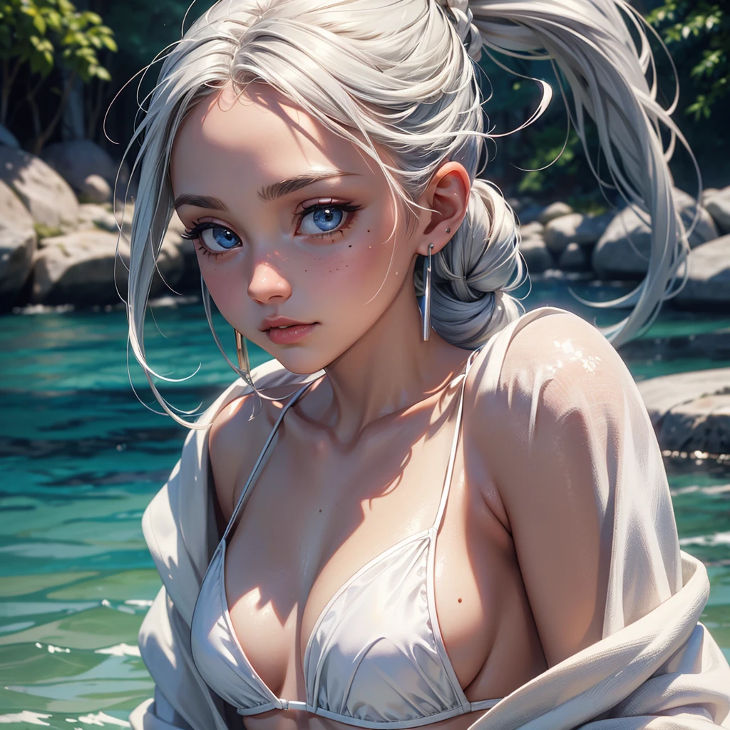 (best quality, masterpiece:1.2), ultra high res, realistic, front lighting, intricate detail, Exquisite details and textures, 1girl, solo ,(young), face highlight, upper body, detailed face, tear mole, white skin, silver hair, ponytail, braid hair, looking at viewer, big eyes, silk robe, (hollow pattern, white, silk), blue stripe bikini,earrings, small breasts, slim body, natural lighting, photon mapping, radiosity, physically-based rendering,waterfront background