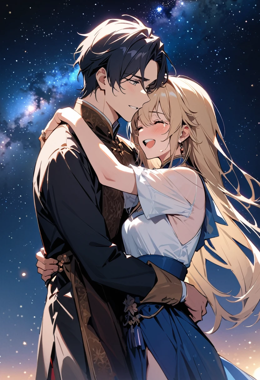 popart,(masterpiece, best quality:1.1),handsome girl and boy hugging each other with joy at being reunited,happily cry,tears of joy, Stars and the Milky Way shine in the background, summer triangle star,creating a sense of the grandeur of the universe.wearing ancient chinese aristocratic clothing,