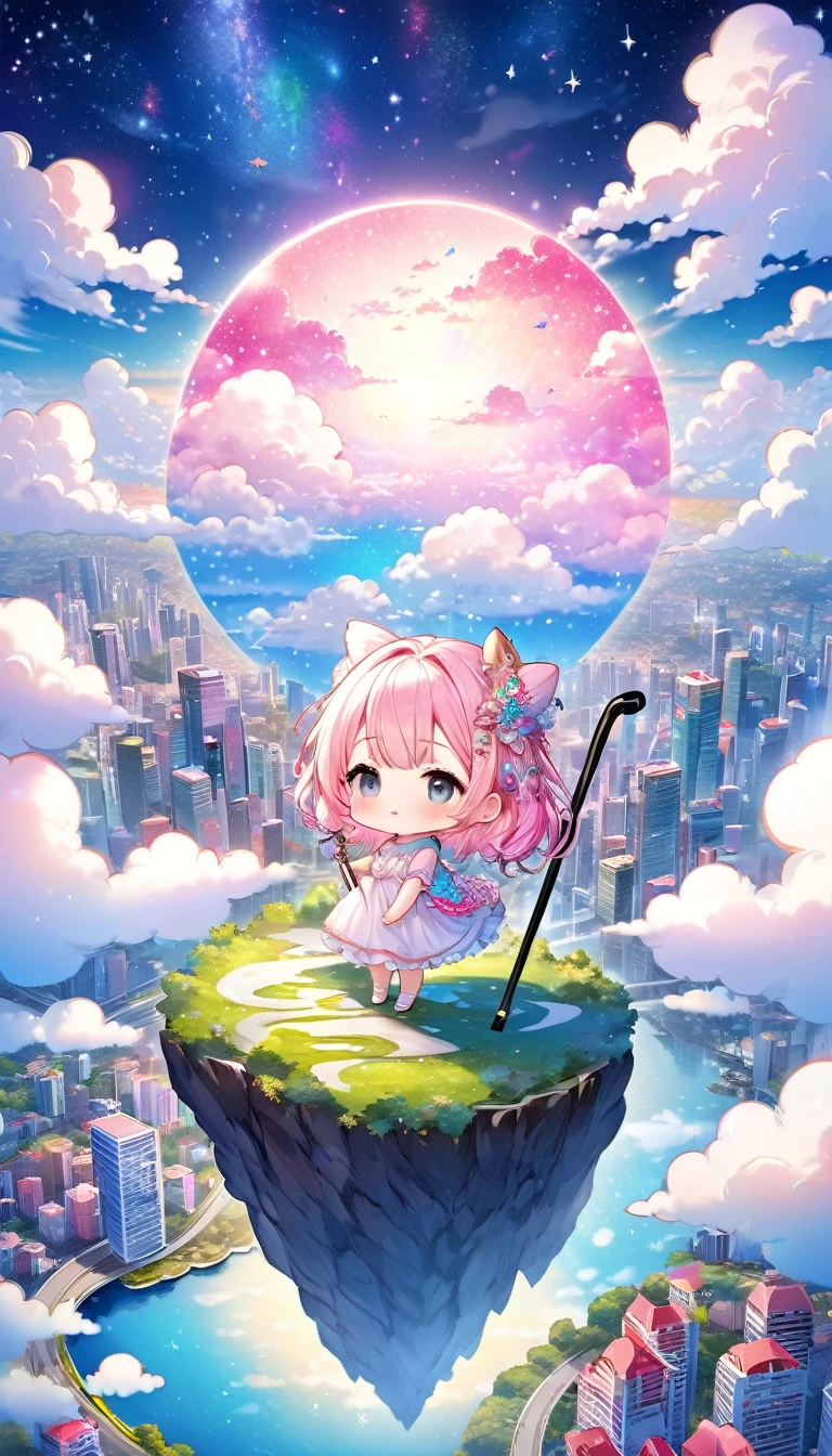 super deformed, dream fantasy story, best quality, super fine, 16k, 2.5D, delicate and dynamic depiction, (chibi, cute  in dress holding cane standing on high ground), city in the sky above the clouds, clouds in vivid and pastel colors, city of modern buildings, beautiful blend with nature, river, bright starry sky, pink moon, sparkly and fluffy image effect, artwork with vibrant colorful colors, detailed decorated backgrounds