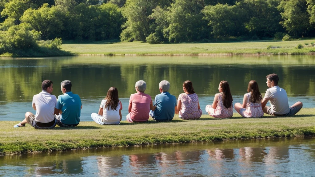 Create an image of a large family relaxing on the shore of a lake. Family consists of 7 people: Mother, dad, Daughter, son, Grandmother, grandpa and dog. There is a large country house near the river. Everyone communicates with each other and is happy.