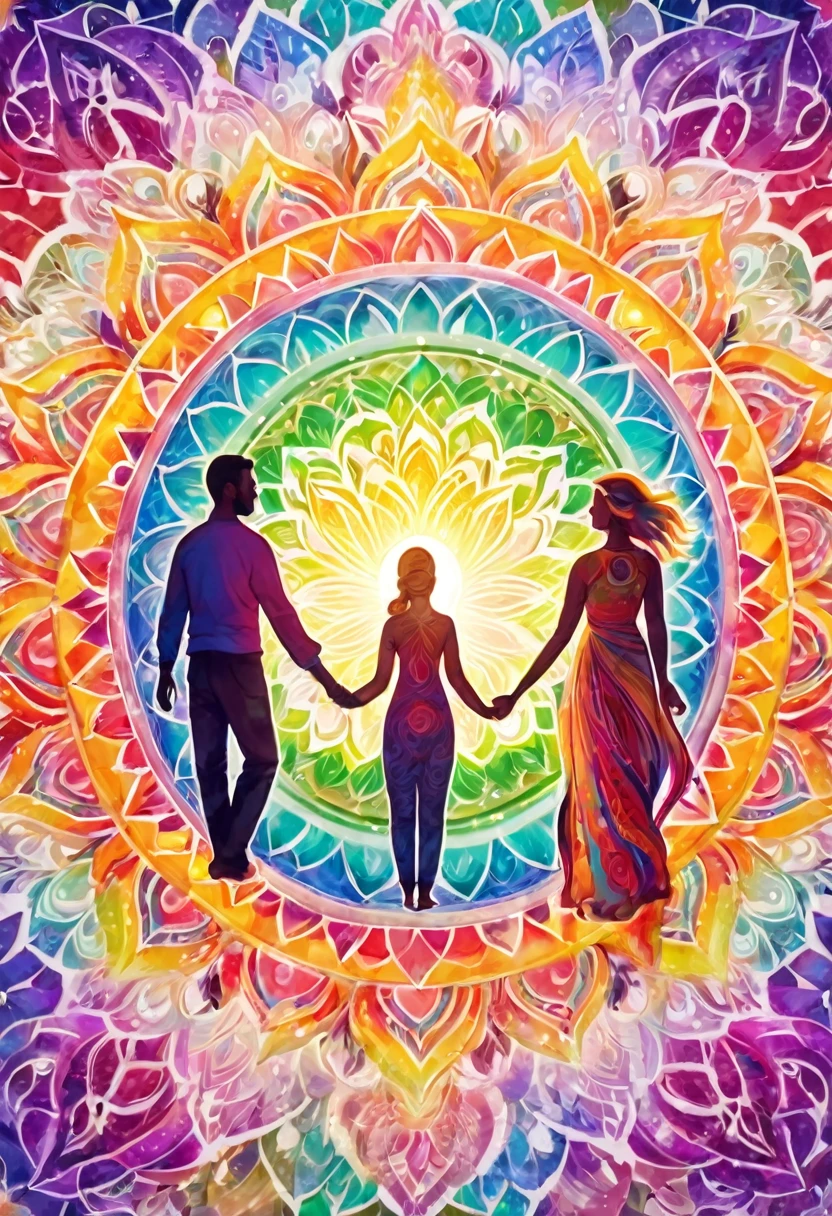 Souls of a man and woman in the light of a big chakra mandala, integration, holding hands and smiling, meditation, enlightenment, inspiration, love, shooting star, pastel colored rainbow light