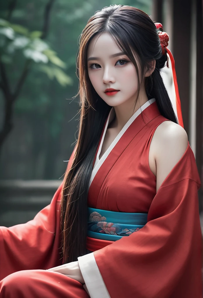 A beautiful woman dressed in red, blindfolded, with long hair draped over her shoulders and a ribbon wrapped around her forehead, is depicted in the style of anime art illustrations in ancient Chinese costumes. She is set in a fantasy world with a dark vibe similar to game concept designs. The artwork features ultra-detailed facial features and a perfect body shape illuminated by natural light. She is dressed in simple colored solids in a flat painting style with ultra-high definition and super-detail resolution.