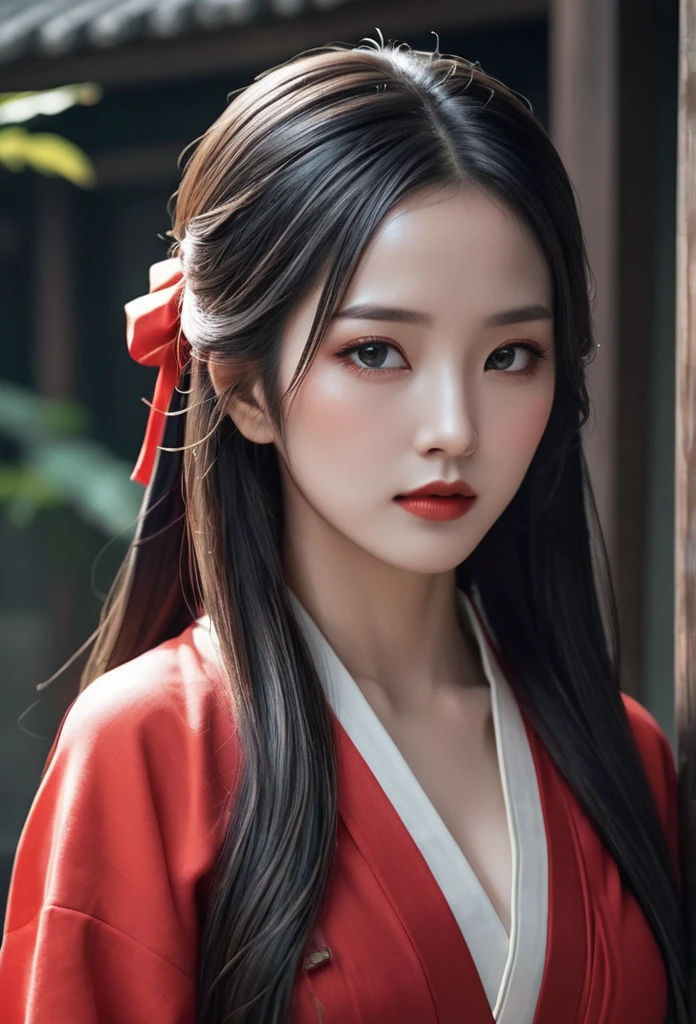A beautiful woman dressed in red, blindfolded, with long hair draped over her shoulders and a ribbon wrapped around her forehead, is depicted in the style of anime art illustrations in ancient Chinese costumes. She is set in a fantasy world with a dark vibe similar to game concept designs. The artwork features ultra-detailed facial features and a perfect body shape illuminated by natural light. She is dressed in simple colored solids in a flat painting style with ultra-high definition and super-detail resolution.
