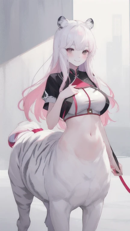 (best quality, masterpiece), 1 girl, centaur, It takes, White skin, Korean , black pink,Smiling, exposing the abdomen, , 아름다운 소녀 perfect white tiger photo, perfect white tiger photo
