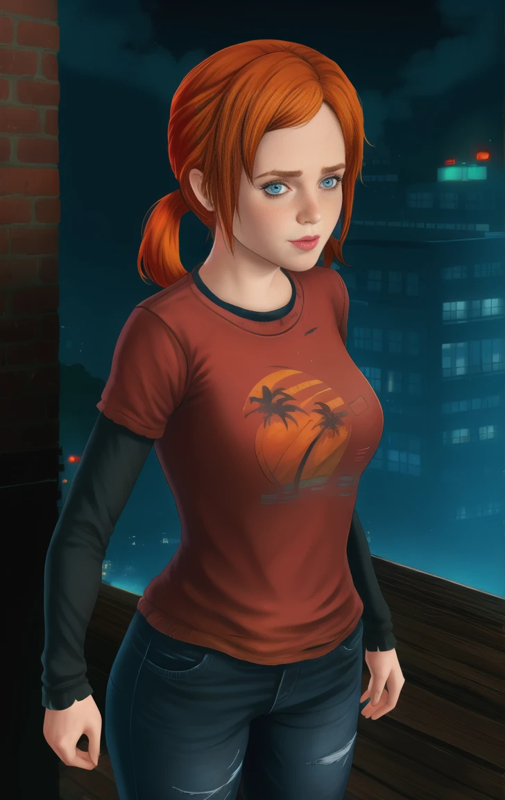 red shirt, long sleeves, standing, twintails, neon lights, night, looking at viewer, large breasts, blue jeans, solo, annette, orange hair, blue eyes, elliet1