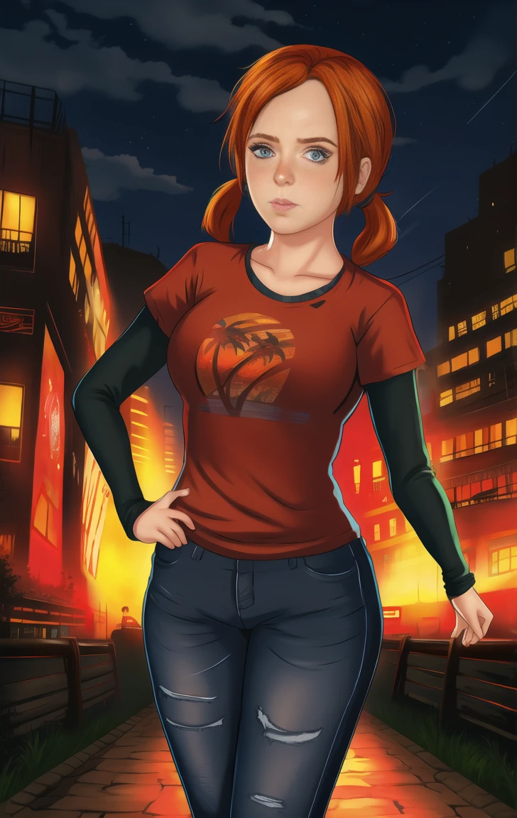 red shirt, long sleeves, standing, twintails, neon lights, night, looking at viewer, large breasts, blue jeans, solo, annette, orange hair, blue eyes, elliet1