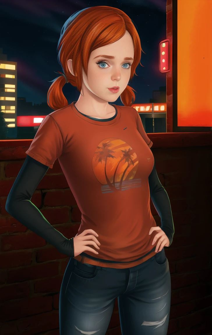 red shirt, long sleeves, standing, twintails, neon lights, night, looking at viewer, large breasts, blue jeans, solo, annette, orange hair, blue eyes, elliet1