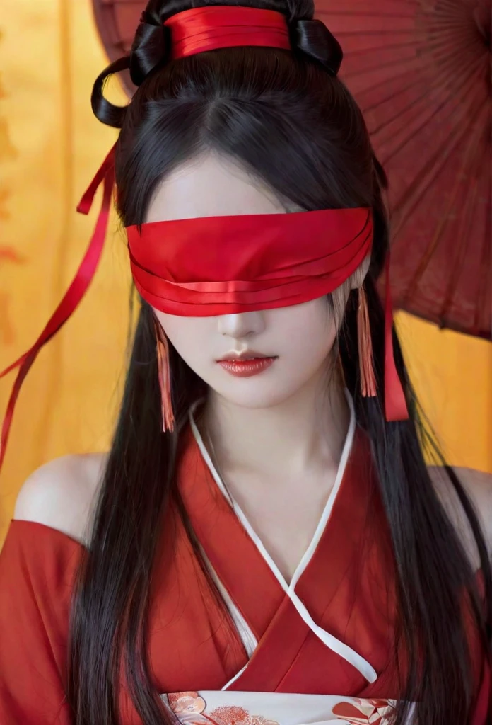 A beautiful woman dressed in red, blindfolded, with long hair draped over her shoulders and a ribbon wrapped around her forehead, is depicted in the style of anime art illustrations in ancient Chinese costumes. She is set in a fantasy world with a dark vibe similar to game concept designs. The artwork features ultra-detailed facial features and a perfect body shape illuminated by natural light. She is dressed in simple colored solids in a flat painting style with ultra-high definition and super-detail resolution.