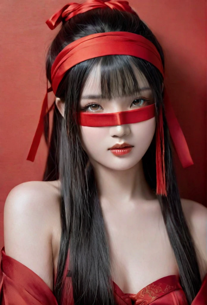 A beautiful woman dressed in red, blindfolded, with long hair draped over her shoulders and a ribbon wrapped around her forehead, is depicted in the style of anime art illustrations in ancient Chinese costumes. She is set in a fantasy world with a dark vibe similar to game concept designs. The artwork features ultra-detailed facial features and a perfect body shape illuminated by natural light. She is dressed in simple colored solids in a flat painting style with ultra-high definition and super-detail resolution.