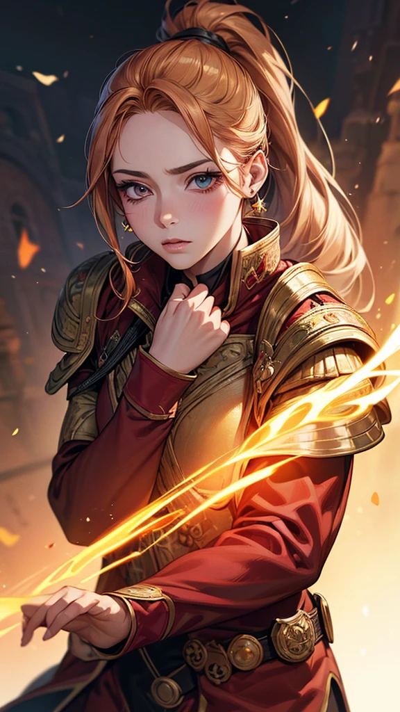 Highest quality, Ultra-high resolution, (Realistic: 1.4), Beautiful eyes, Super beautiful, Beautiful beauty, One person、Wizard, South American style red tones、inflammation、whole body、(Golden Hair、ponytail),Beautiful soldier, Eyes that beckon, Droopy eyeistress's point of view, Attractive look, Fearless smile, (Perfect Anatomy, Anatomically correct, Highly detailed skin), Dancing,