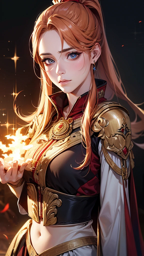 Highest quality, Ultra-high resolution, (Realistic: 1.4), Beautiful eyes, Super beautiful, Beautiful beauty, One person、Wizard, South American style red tones、inflammation、whole body、(Golden Hair、ponytail),Beautiful soldier, Eyes that beckon, Droopy eyeistress's point of view, Attractive look, Fearless smile, (Perfect Anatomy, Anatomically correct, Highly detailed skin), Dancing,