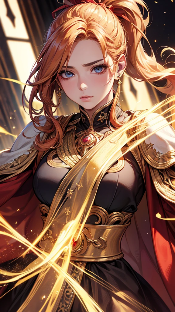 Highest quality, Ultra-high resolution, (Realistic: 1.4), Beautiful eyes, Super beautiful, Beautiful beauty, One person、Wizard, South American style red tones、inflammation、whole body、(Golden Hair、ponytail),Beautiful soldier, Eyes that beckon, Droopy eyeistress's point of view, Attractive look, Fearless smile, (Perfect Anatomy, Anatomically correct, Highly detailed skin), Dancing,