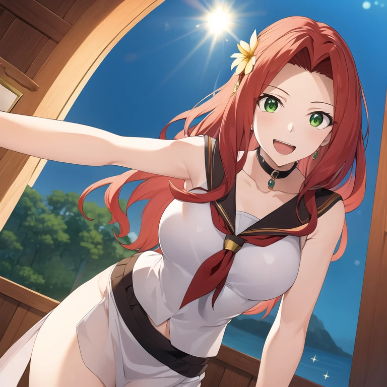 Malty S Melromarc, red hair, bangs, long hair, green eyes, (best quality, 8K, masterpiece, ultra detailed:1.2), dynamic pose, cinematic angle, light particles, sparkle, beautiful detailed eyes, shiny skin, shiny hair, 1girl, solo, skirt, smile, cute, happy, open mouth, sailor collar, :d, , serafuku, collarbone, hair flower, looking at viewer, upper body