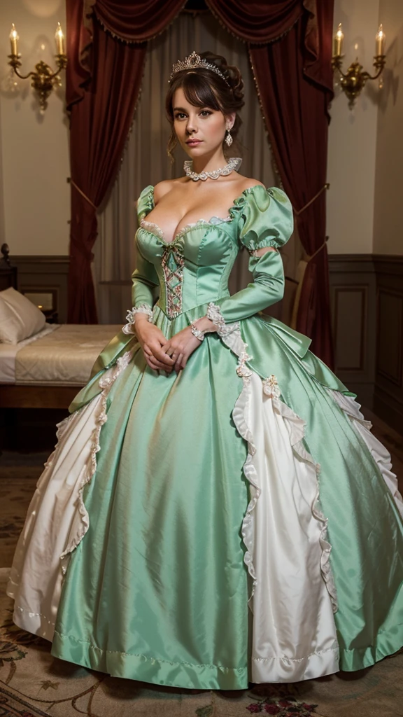 There stands a woman in a light green satin Quinceanrra ruffled dress with long puff sleeves and gloves and a stand-up collar in front of a bed, light green dress, Anime Princess, lovely, lazy princess, long dress, lovely weibliche Prinzessin, lovely Prinzessin, elegantes glamouröses Cosplay, Nice costume, medieval princess, high-quality costume, Fantasy dress, Rococo style dress, Victorian dress, fully covered dress, royal dress, lovely Königin, wearing a wonderful dress,reifrock,coseted women with big breasts,diamond Collar,diamonds big earrings, Updo decorated with pearls,high heels, Full body photo, lascivious look,ruffles, many ruffles,detailed Face, long eyelashes, colorful eye shadow, Pink Lipgloss, Kussmund