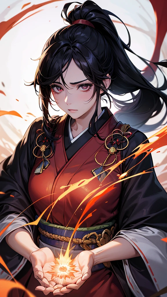 Highest quality, Ultra-high resolution, (Realistic: 1.4), Beautiful eyes, Super beautiful, Beautiful beauty, One person、Wizard, Japanese style red tones、inflammation、whole body、(Black Hair、ponytail),Beautiful soldier, Eyes that beckon, Droopy eyeistress&#39;s point of view, Attractive look, Fearless smile,  (Perfect Anatomy, Anatomically correct, Highly detailed skin), Dancing, 