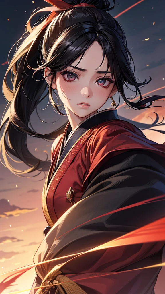 Highest quality, Ultra-high resolution, (Realistic: 1.4), Beautiful eyes, Super beautiful, Beautiful beauty, One person、Wizard, Japanese style red tones、inflammation、whole body、(Black Hair、ponytail),Beautiful soldier, Eyes that beckon, Droopy eyeistress's point of view, Attractive look, Fearless smile, (Perfect Anatomy, Anatomically correct, Highly detailed skin), Dancing,
