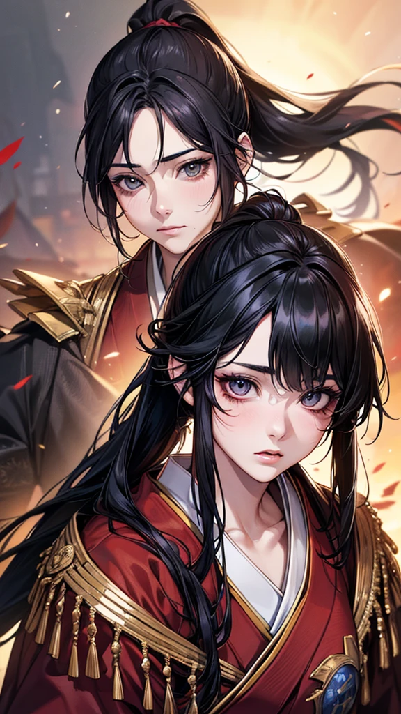 Highest quality, Ultra-high resolution, (Realistic: 1.4), Beautiful eyes, Super beautiful, Beautiful beauty, One person、Wizard, Japanese style red tones、inflammation、whole body、(Black Hair、ponytail),Beautiful soldier, Eyes that beckon, Droopy eyeistress's point of view, Attractive look, Fearless smile, (Perfect Anatomy, Anatomically correct, Highly detailed skin), Dancing,