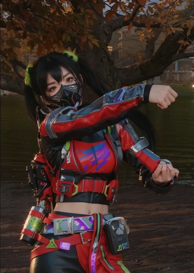 (masterpiece, best quality, 8k, sharp focus, depth of field, best shadows, perfect lights, HDR, realistic skin texture, hyper detailed background), Anime style, Long Angle Shot, ((CYBERPUNK THEME)), solo, 1 woman, she is a mercenary, (green eyes, white skin, black hair with ponytail, choker, small breasts, slim, makeup, Eyeliner, gloss), she is doing a job on a futuristic korean city, holding a Tech-katana with a strong grip, night, sky, waning moon, wearing a nice tech-jacket and leather pants.