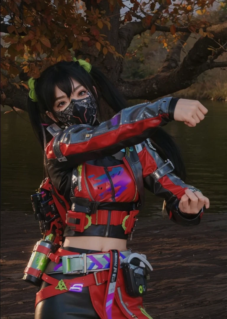 (masterpiece, best quality, 8k, sharp focus, depth of field, best shadows, perfect lights, HDR, realistic skin texture, hyper detailed background), Anime style, Long Angle Shot, ((CYBERPUNK THEME)), solo, 1 woman, she is a mercenary, (green eyes, white skin, black hair with ponytail, choker, small breasts, slim, makeup, Eyeliner, gloss), she is doing a job on a futuristic korean city, holding a Tech-katana with a strong grip, night, sky, waning moon, wearing a nice tech-jacket and leather pants.