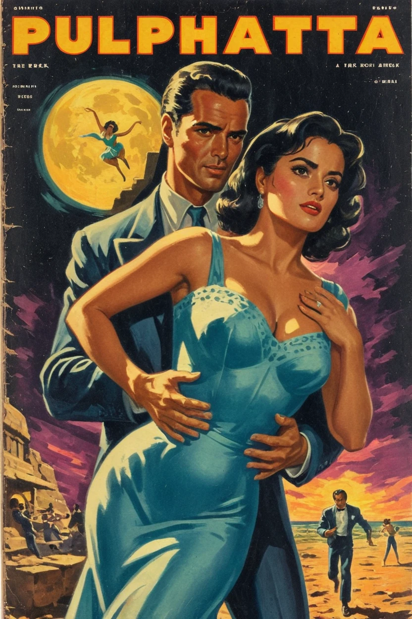 「BACHATA」The rough cover of the book (Filmotype Quaryフォント) A sexy dark-haired woman in a short baby blue dress and a handsome gentleman are embracing each other and dancing bachata, Portrait by Robert Peake, CG Association Contest Winner, A new objectivity, 1 9 5 0 s Thriller, Dark vintage paperback cover, Pulp science fiction book cover art, Glenn Obic, Famous Mexican actress Selma Hayek in horror novels, 5 0 s pulp illustration, Zoom out