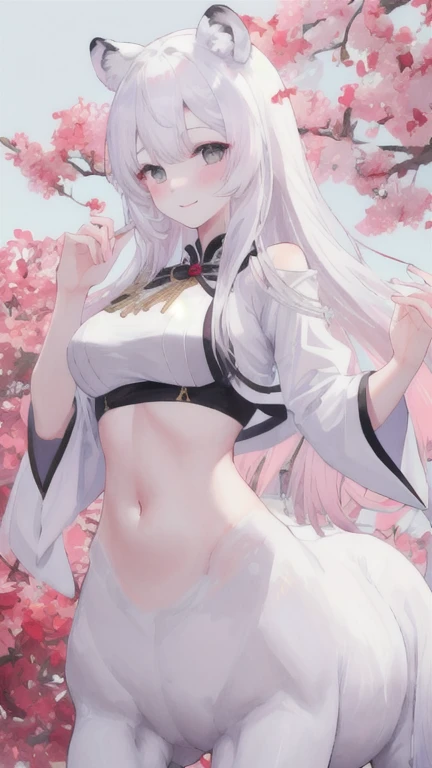 (best quality, masterpiece), 1 girl, centaur, It takes, White skin, Korean , black pink,Smiling, exposing the abdomen,, 아름다운 소녀 perfect white tiger photo, perfect white tiger photo
