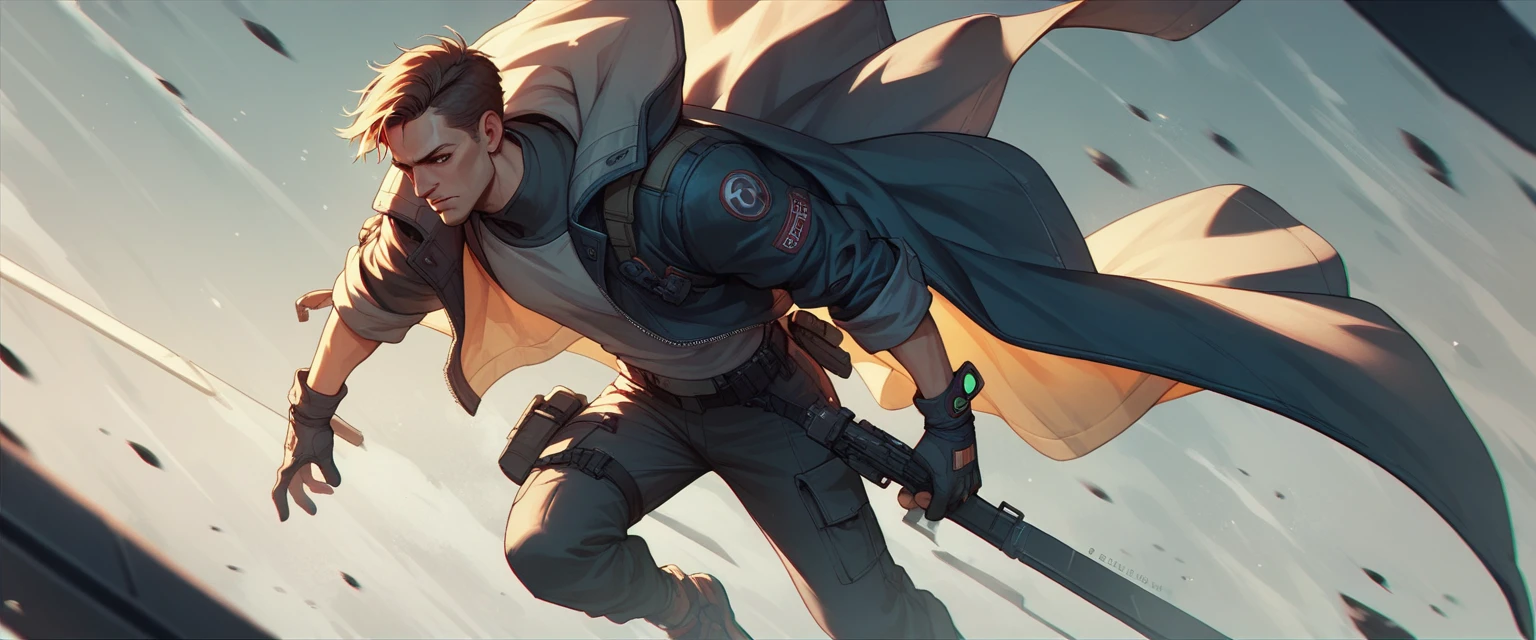 human with a jacket cape and slide pants futuristic