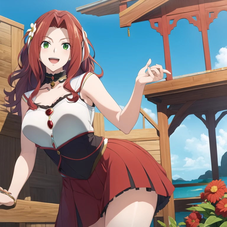 Malty S Melromarc, red hair, bangs, long hair, green eyes, (best quality, 8K, masterpiece, ultra detailed:1.2), dynamic pose, cinematic angle, light particles, sparkle, beautiful detailed eyes, shiny skin, shiny hair, 1girl, solo, skirt, smile, cute, happy, open mouth, sailor collar, :d, , serafuku, collarbone, hair flower, looking at viewer, upper body