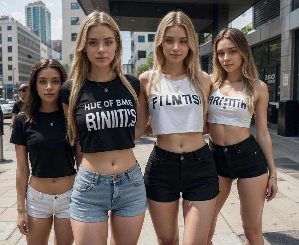 A white woman with blonde hair [length: shoulder-length], and blue eyes [size: medium]) stands at the center of the image. She is wearing a black crop top (with the word “BLACKED” written on it in white letters [font size: large]) and matching black mini shorts [length: mid-thigh]. Surrounding her are several people with black skin (5 individuals [gender: mixed, ages: 20-30]), each dressed casually [styles: t-shirts, jeans, shorts] creating an interesting visual contrast with her own outfit. The scene takes place in a modern urban environment (background: city buildings [height: various, architectural style: contemporary], sky: clear, time of day: afternoon). The expressions on the faces of the people surrounding the woman vary between smiles, curious looks, and relaxed poses (indicating an atmosphere of friendliness and inclusion)