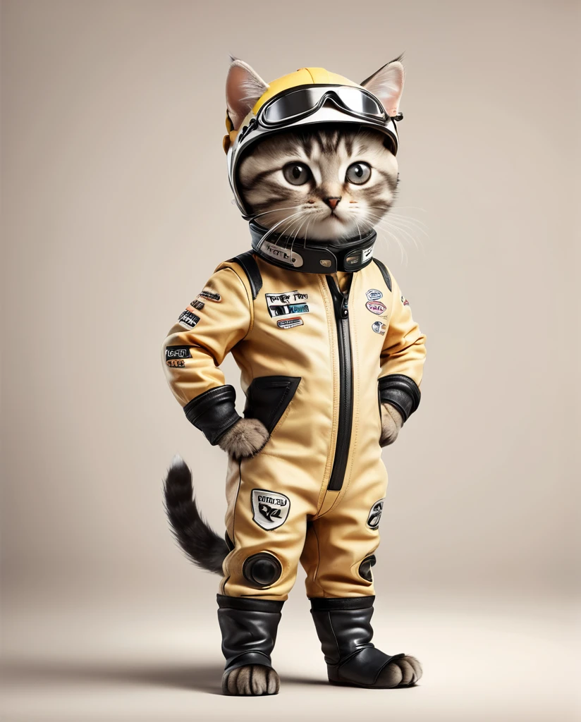 Kitten dressed as a racing driver Full Body Shot Looking straight at the camera Standing