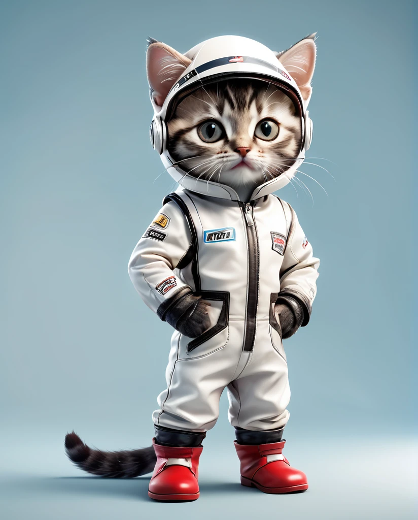 Kitten dressed as a racing driver　Full Body Shot　Looking straight at the camera　Standing
