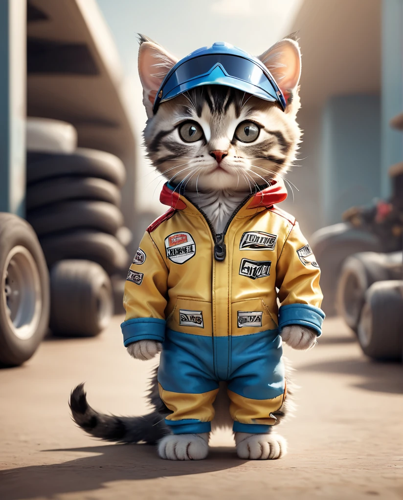 Kitten dressed as a racing driver Full Body Shot Looking straight at the camera Standing