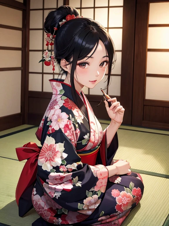 (Highest quality、masterpiece、High resolution、8K)、ukiyo-e、Utamaro、Vibrant colors、A town girl from the Edo period、whole body、Utamaroの絵のモデル,Her hair is black and beautifully tied in a round topknot.、Decoration、The kimono has a colorful floral pattern、Sitting sideways、The hem of the kimono is turned up, exposing a part of it..、Holding a mirror in one hand、Another hand holds lipstick to her lips、Gestures and facial expressions of the model、Official Art、It is a tatami room.There is a candle light placed、Japanese-style room、