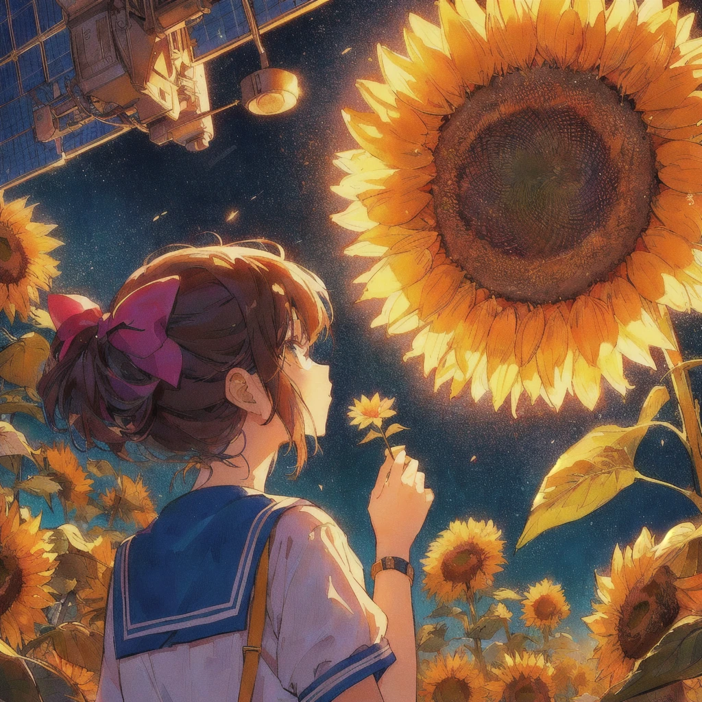 Anime girl admiring sunflowers in a field with the sky in the background, Holding flowers,Artificial satellites in the sky, 80s anime style,anime art wallpaper 4k, anime art wallpaper 4k, Anime Art Wallpapers 8K, Makoto Shinkai Cyril Rolland, anime wallpaper 4k, anime wallpaper 4k, 4K Manga Wallpapers, Anime Background, Anime Aesthetics, Anime atmosphere, Anime Style 4k