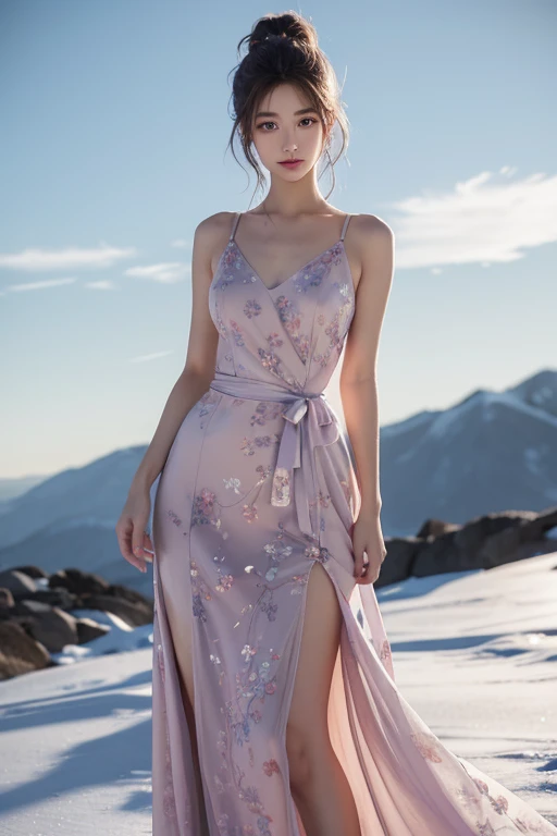Create an anime girl, She is tall, Beautiful curves, Height is about 165-170 cm。Her physique is elegant, Every movement is elegant and graceful.。She has a delicate face, Skin as white as snow, Beautiful facial features like sculptures。She has clear blue eyes, With a bit of arrogance and confidence。Her hair is long and silky, Light brown in color, Hair is tied into a high bun, Secure with a beautiful hairpin。She was wearing a gorgeous long dress, Color is lavender, It is embroidered with exquisite cloud patterns and floral patterns., And he wore a slender sword at his waist.。