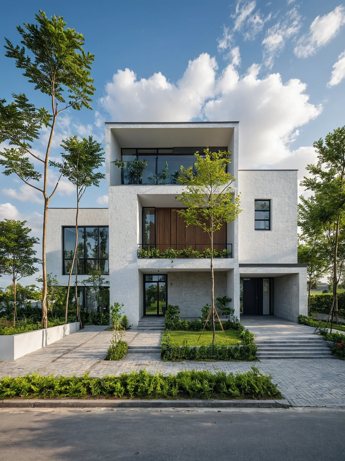 Masterpiece, 4k pixel, high quality, best quality, authentic, super detail, outdoors, onestoreyvillaXL, aiaigroup, house style modern on the street ,stairs, white wall ,road,pavement, grass, trees, sky, cloud, (daylight:1.1)