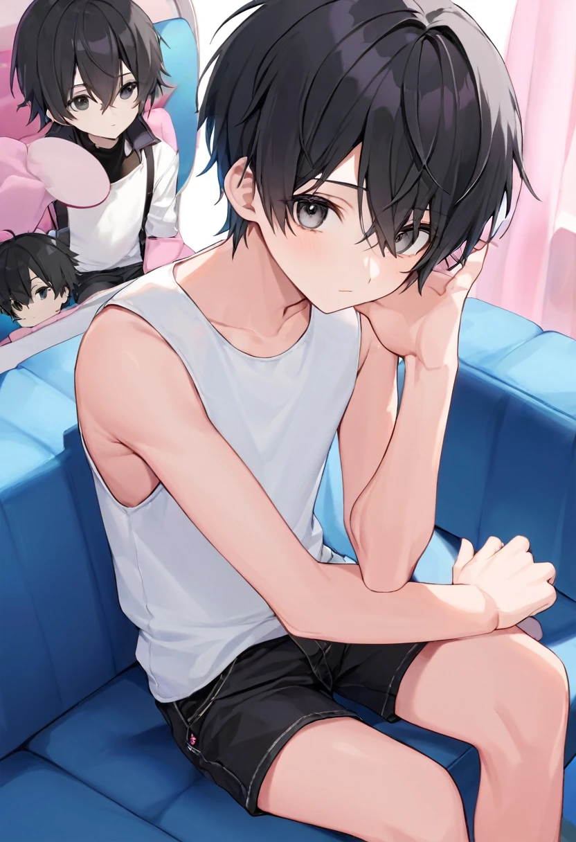 Black Hair、he１０He is a boy of about age.、Black eyes with small white highlights、Has kind eyes、Small lips、Pink Cheeks、Top view、Look up here、sitting on a blue sofa、Black shorts、White tank top、A small hand grabs my sleeve