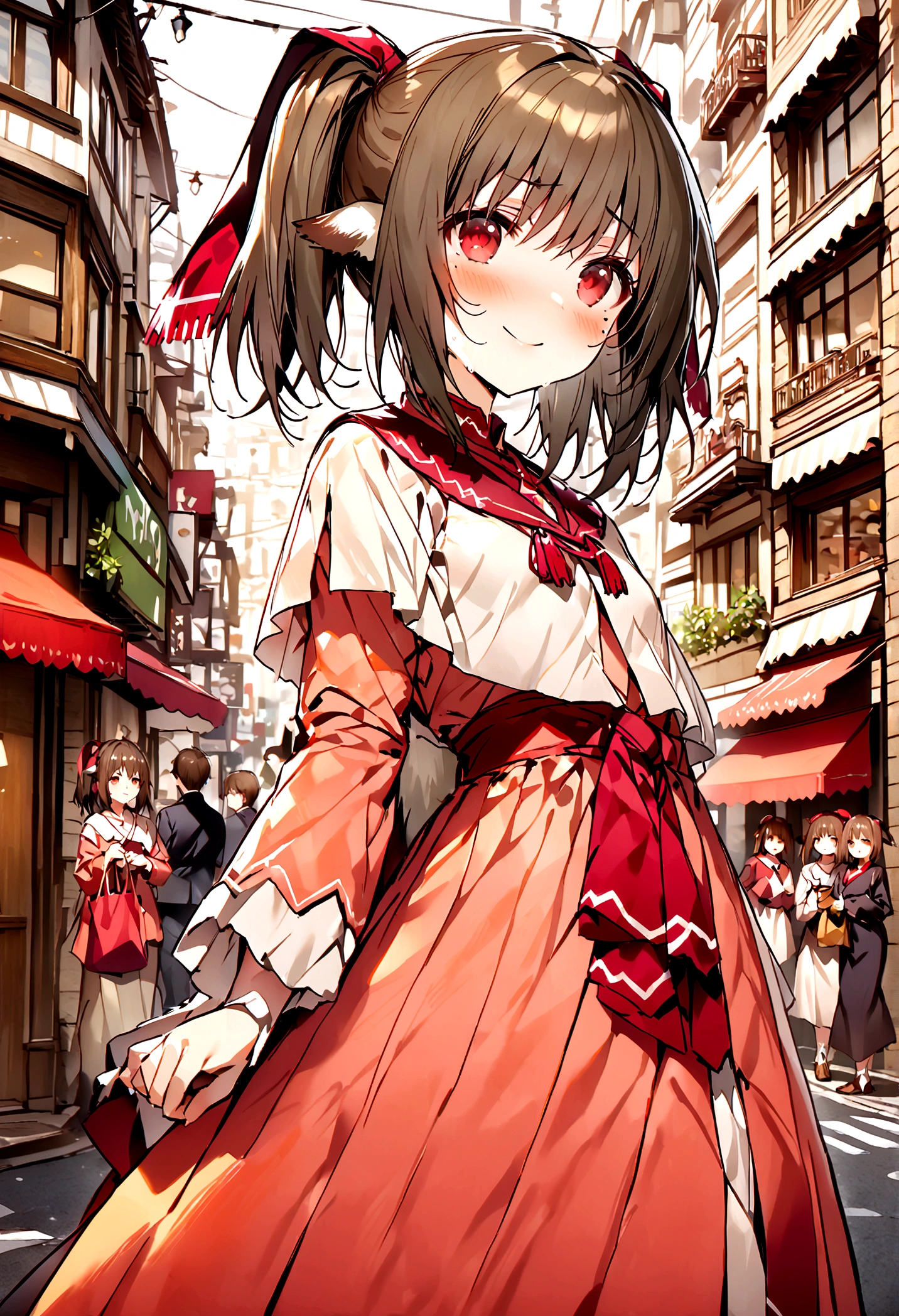 NSFW,masterpiece,Highest quality,High resolution,Super detailed,nekone \(utawarerumono\),Brown Hair、（Red Eye：1.3）、ribbon,Animal Ears,Twin tails、ヘアribbon、Mole、目の下のMole,Small breasts,High-quality silk dress,blush,Expecting face,Be nervous,smile,bustling street,Shopping