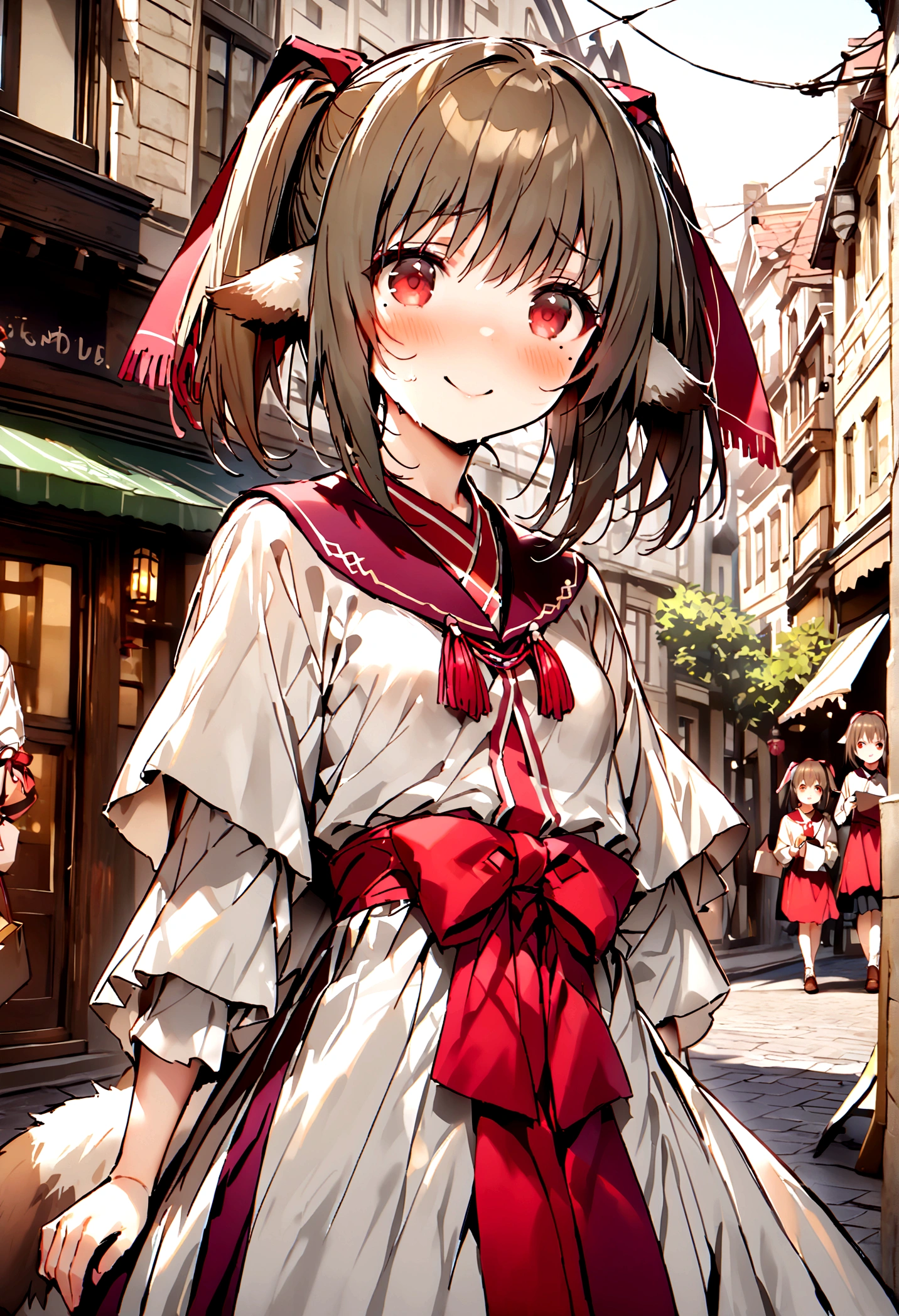 NSFW,masterpiece,Highest quality,High resolution,Super detailed,nekone \(utawarerumono\),Brown Hair、（Red Eye：1.3）、ribbon,Animal Ears,Twin tails、ヘアribbon、Mole、目の下のMole,Small breasts,High-quality silk dress,blush,Expecting face,Be nervous,smile,bustling street,Shopping