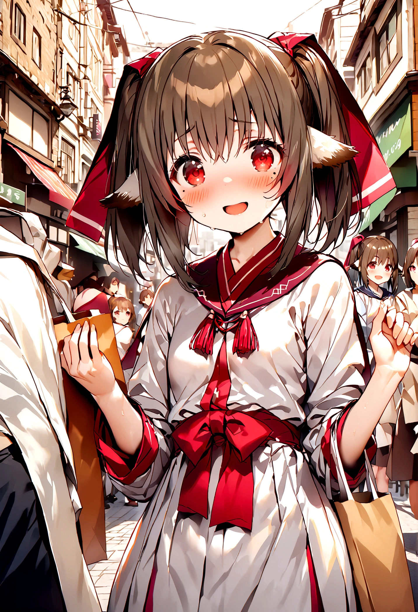 NSFW,masterpiece,Highest quality,High resolution,Super detailed,nekone \(utawarerumono\),Brown Hair、（Red Eye：1.3）、ribbon,Animal Ears,Twin tails、ヘアribbon、Mole、目の下のMole,Small breasts,High-quality silk dress,blush,Expecting face,Be nervous,smile,bustling street,Shopping