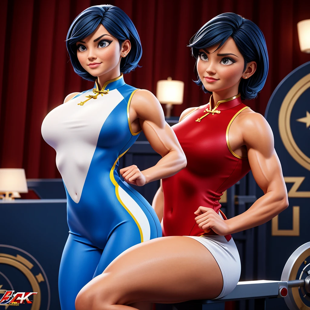 (masterpiece, best quality:1.2), 1girl, solo,dark blue hair,gray eyes, she wear's a white Cheongsam with a red, black and gold plant design, periwinkle pants and black and white dress shoes. She wears a silver band on her ring finger.muscular female bodybuilder, oil painting, strong and defined muscles, intense expression, confident pose, gym backdrop, sweat glistening on her skin, veins bulging, toned physique, powerful presence, professional lighting, vibrant colors, realism, extreme detail description, sharp focus, (best quality, 4k, highres, masterpiece:1.2), physically-based rendering, bodybuilding competition, intense workout, determination, dedication, muscular symmetry, fitness journey, weightlifting, athletics, ultra-fine painting, vibrant energy, bokeh, dynamic composition.