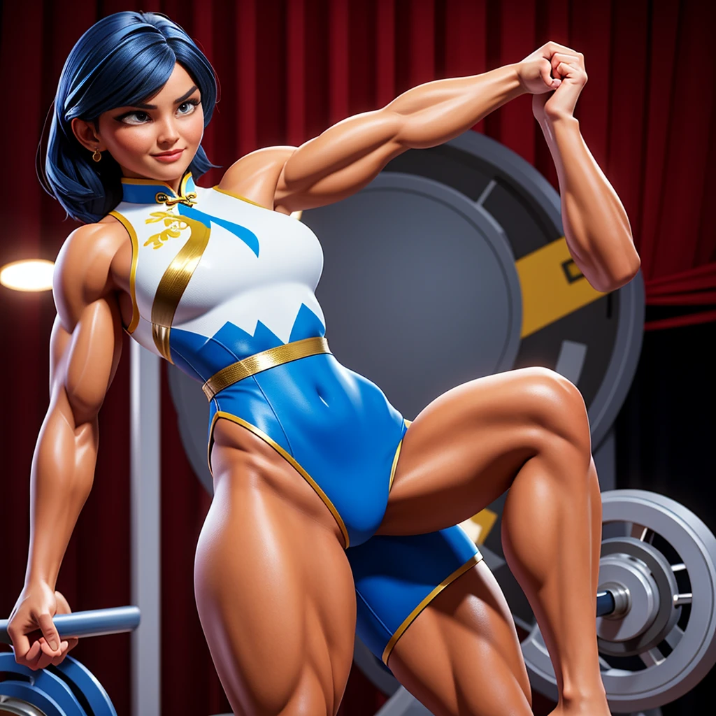 (masterpiece, best quality:1.2), 1girl, solo,dark blue hair,gray eyes, she wear's a white Cheongsam with a red, black and gold plant design, periwinkle pants and black and white dress shoes. She wears a silver band on her ring finger.muscular female bodybuilder, oil painting, strong and defined muscles, intense expression, confident pose, gym backdrop, sweat glistening on her skin, veins bulging, toned physique, powerful presence, professional lighting, vibrant colors, realism, extreme detail description, sharp focus, (best quality, 4k, highres, masterpiece:1.2), physically-based rendering, bodybuilding competition, intense workout, determination, dedication, muscular symmetry, fitness journey, weightlifting, athletics, ultra-fine painting, vibrant energy, bokeh, dynamic composition.