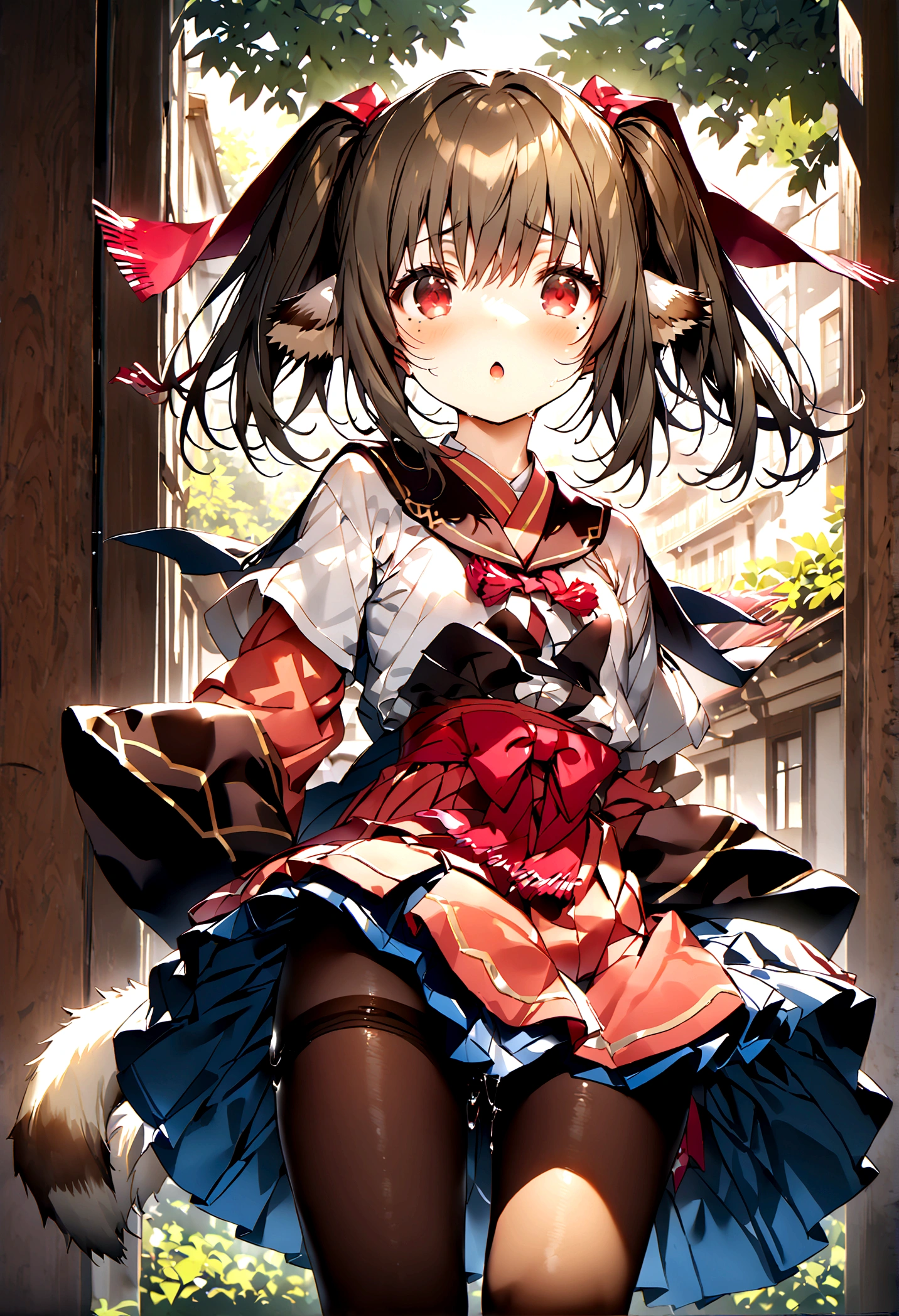 NSFW,masterpiece,Highest quality,High resolution,Super detailed,nekone \(utawarerumono\),Brown Hair、（Red Eye：1.3）、ribbon、Animal Ears、Twin tails、ヘアribbon、Mole、目の下のMole,Small breasts,uniform,mini skirt,pantyhose,School