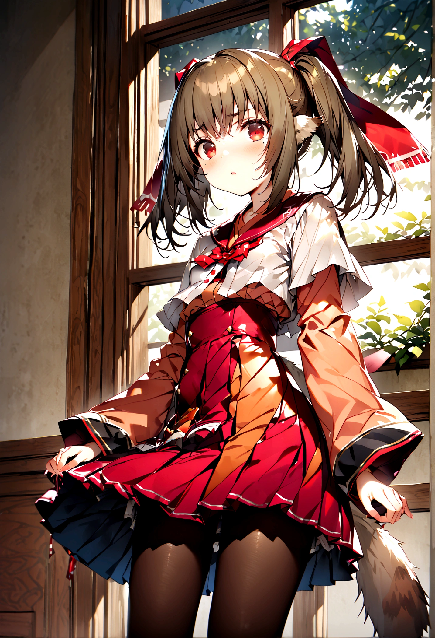 NSFW,masterpiece,Highest quality,High resolution,Super detailed,nekone \(utawarerumono\),Brown Hair、（Red Eye：1.3）、ribbon、Animal Ears、Twin tails、ヘアribbon、Mole、目の下のMole,Small breasts,uniform,mini skirt,pantyhose,School