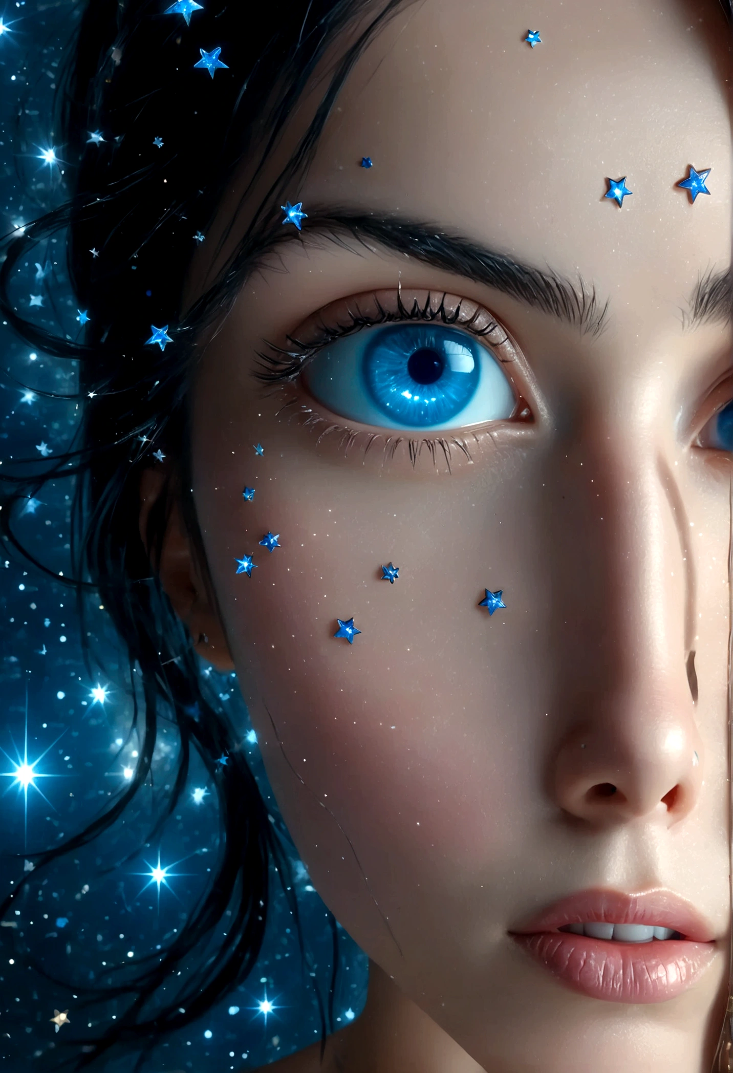 ((a extreme close up: 1.5)) facial picture of an astrologist who divine the future from the stars, an extraordinary beautiful woman, divining the future from the stars, there is magic in her eyes, the (( her eyes are deep blue filled with stars: 1.5)) Intense gaze, ladyshadow , dynamic hair color, dynamic hair style, wearing intricate dress, wearing necklace of stary diamonds, she sits near a table, dynamic clothing, dynamic background, vibrant, Ultra-high resolution, High Contrast, (masterpiece:1.5), highest quality, Best aesthetics), best details, best quality, highres, 16k, [ultra detailed], masterpiece, best quality, (extremely detailed), ladyshadow, diam0nd