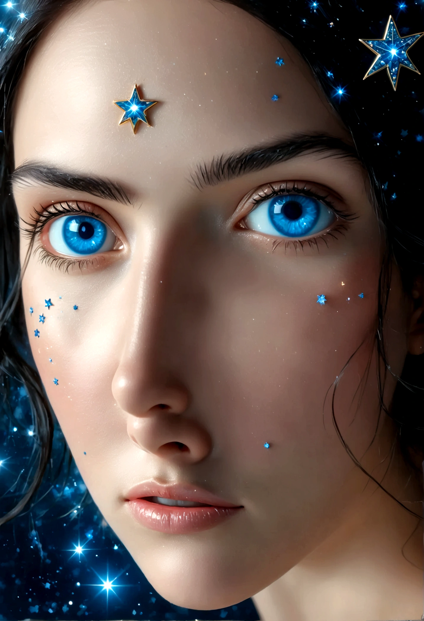 ((a extreme close up: 1.5)) facial picture of an astrologist who divine the future from the stars, an extraordinary beautiful woman, divining the future from the stars, there is magic in her eyes, the (( her eyes are deep blue filled with stars: 1.5)) Intense gaze, ladyshadow , dynamic hair color, dynamic hair style, wearing intricate dress, wearing necklace of stary diamonds, she sits near a table, dynamic clothing, dynamic background, vibrant, Ultra-high resolution, High Contrast, (masterpiece:1.5), highest quality, Best aesthetics), best details, best quality, highres, 16k, [ultra detailed], masterpiece, best quality, (extremely detailed), ladyshadow, diam0nd