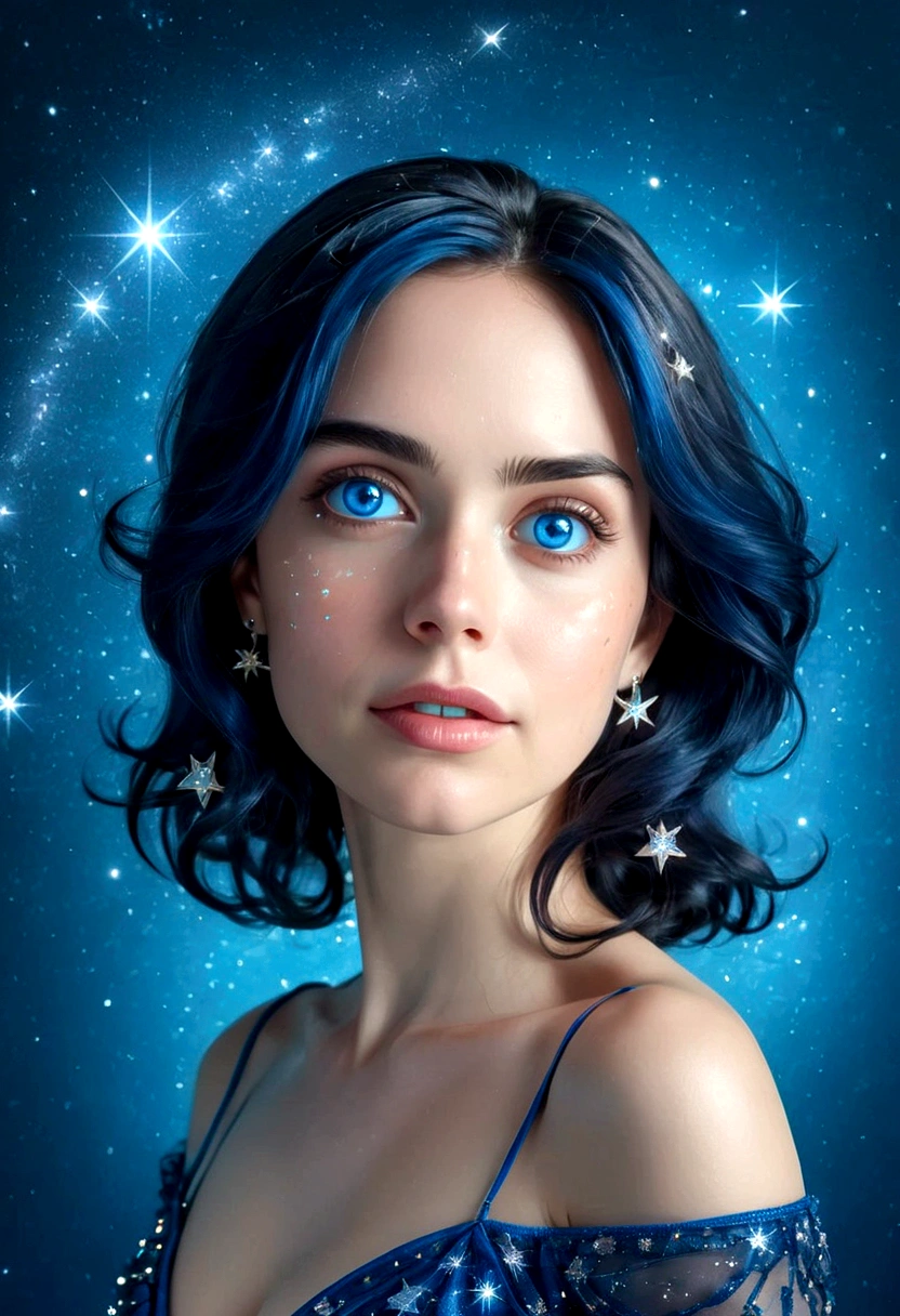 ((a extreme close up: 1.5)) facial picture of an astrologist who divine the future from the stars, an extraordinary beautiful woman, divining the future from the stars, there is magic in her eyes, the (( her eyes are deep blue filled with stars: 1.5)) Intense gaze, ladyshadow , dynamic hair color, dynamic hair style, wearing intricate dress, wearing necklace of stary diamonds, she sits near a table, dynamic clothing, dynamic background, vibrant, Ultra-high resolution, High Contrast, (masterpiece:1.5), highest quality, Best aesthetics), best details, best quality, highres, 16k, [ultra detailed], masterpiece, best quality, (extremely detailed), ladyshadow, diam0nd