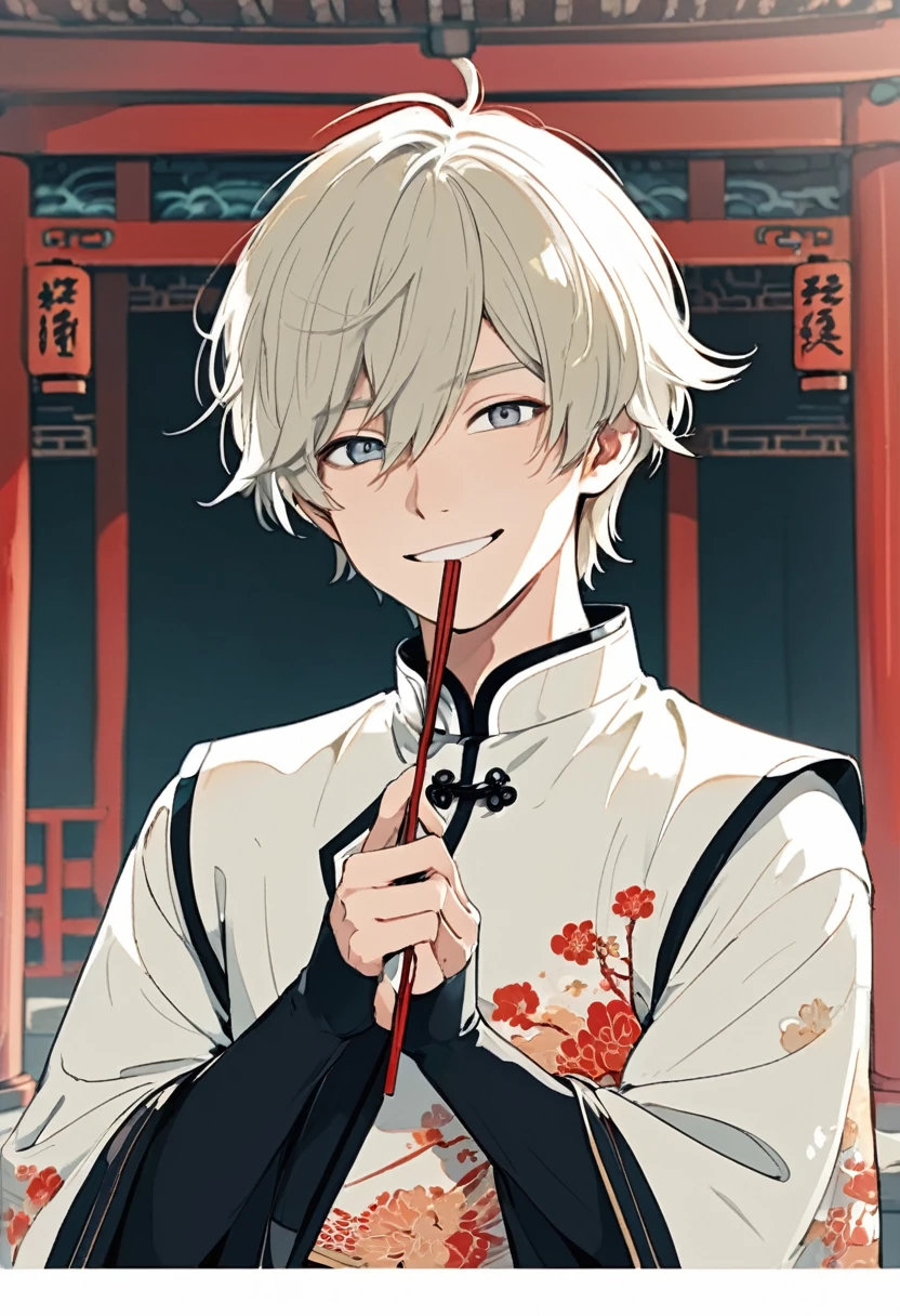 (masterpiece, beautiful, high resolution), illustration, 1 boy, portrait, Smile, Light color anime short hair, Lovely,young people, Chinese style clothing, Looking at the audience,Holding a fan to cover half of the face, Light colors, daytime, ((front: 3)), Thick lines: 0.6, smug, Slender eyes