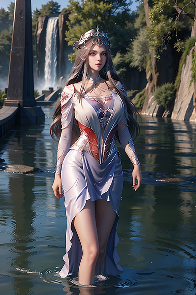 ulzzang-6500-v1.1, pureerosface_v1, best quality, masterpiece, illustration, (realistic, photo-realistic:1.37), amazing, finely detail, masterpiece, best quality, incredibly absurdres, huge filesize, ultra-detailed, highres, beautiful detailed girl, ray tracing, 1girl, korean, long hair, bangs,parted lips, solo,  (standing in water),black brown hair, blush,multicolored eyes, shiny, thighs,(looking at viewer),cowboy shot,huge breasts,